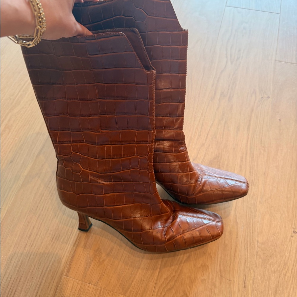 Brown Croc-Embossed Mid-Calf Heeled Boots